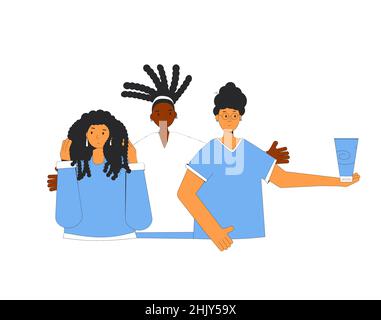 Portraits of three women with different types of curly hair. Vector illustration. Curly girl method community. Vector illustration Stock Vector