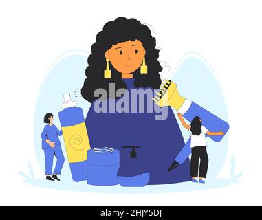 Curly girl method styling. Women with tools and hair cosmetics products for wavy, curl, coils, afro hairstyles. CGM hair concept. Vector illustration Stock Vector