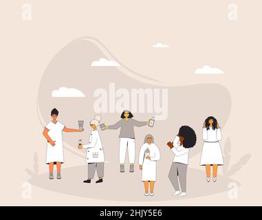 Swap cosmetics and hair styling for Curly Girl Method. Women wirth wavy, curl, coils, afro hairstyles on exchanging event. Vector illustration Stock Vector