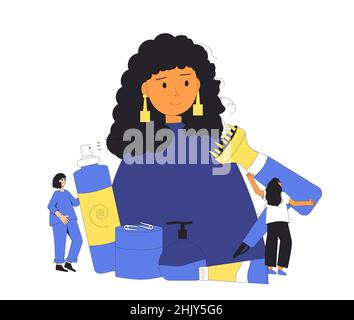 Curly girl method styling. Women with tools and hair cosmetics products for wavy, curl, coils, afro hairstyles. CGM hair concept. Vector illustration Stock Vector