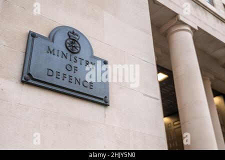 Ministry of Defence, London. Signage to the UK government military department known as the MOD in Whitehall, the heart of UK politics and governance. Stock Photo