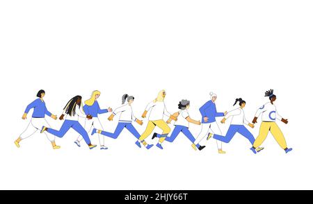 Running women. Differen ages, race and cultural female runners, athletes, sportive female people. Diverse articipation in sports races, athletic compe Stock Vector