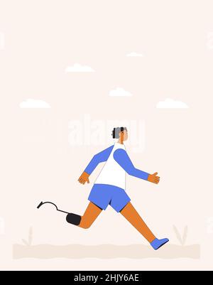 Running man with disability. Participation in sports races, athletic competitions. Marathon, exercise. Jogger with legs prosthesis. Vector illustratio Stock Vector