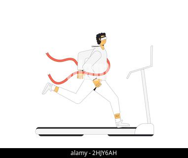 Virtual reality. Running man on treadmill at home with VR headset glasses. Victory dreaming. Vector illustration. Stock Vector