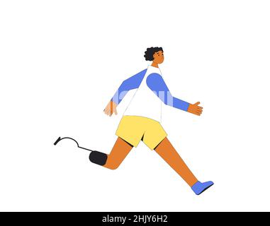 Running man with disability isolated on white background. Participation in sports races, athletic competitions. Marathon, exercise. Jogger with legs p Stock Vector