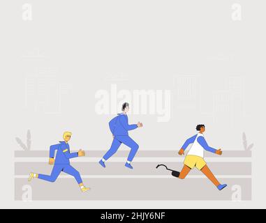 Running inclusion. Participation in sports races, athletic competitions. Marathon, exercise. Three Joggers. Vector illustration. Stock Vector