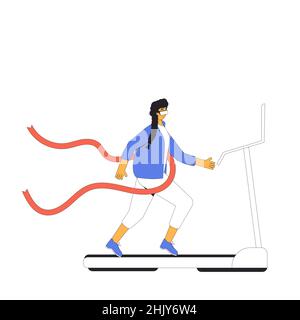 Virtual reality. Running woman on treadmill with VR headset glasses. Victory dreaming. Vector illustration. Stock Vector
