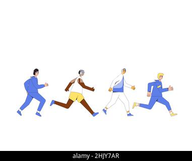 Running men team. Differen runners, athletes, sportive characters. Marathon, exercise. Joggers. Vector illustration. Stock Vector