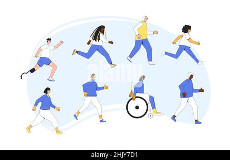 Marathon. Running people isolated on white background. Differen runners, athletes, sportive characters. Participation in sports races, athletic compet Stock Vector