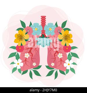Lungs with flowers image. Vector illustration, concept of healthy lungs people Stock Vector