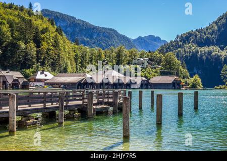Boathouses in Schoenau am Koenigssee Berchtesgaden Stock Photo