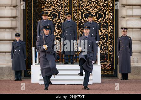 The Duke of Kent (centre) views the Changing of the Guard ceremony, which is commemorating the 80th anniversary of the formation of the Royal Air Force Regiment, on the forecourt of Buckingham Palace, London Britain February 1, 2022. Dominic Lipinski/Pool via REUTERS