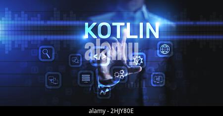 Kotlin programming language mobile application software development concept on screen. Stock Photo