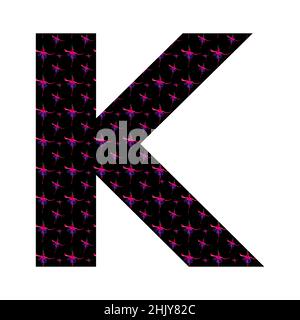 letter K of the alphabet made with a pattern of pink fuchsia flowers on a black background, isolated on white background, vector Stock Vector