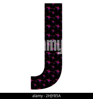 letter J of the alphabet made with a pattern of pink fuchsia flowers on a black background, isolated on white background, vector Stock Vector