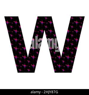 letter W of the alphabet made with a pattern of pink fuchsia flowers on a black background, isolated on white background, vector Stock Vector