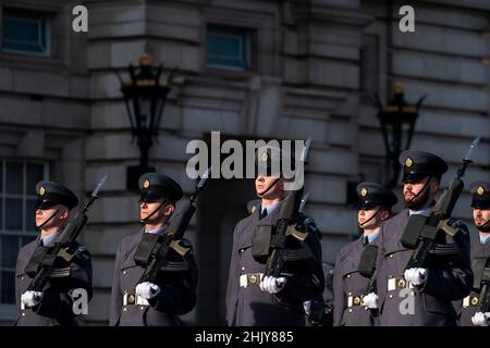 RAF troops during the Changing of the Guard ceremony, which is commemorating the 80th anniversary of the formation of the Royal Air Force Regiment, on the forecourt of Buckingham Palace, London Britain February 1, 2022. Dominic Lipinski/Pool via REUTERS