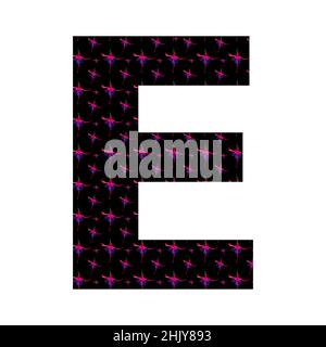 letter E of the alphabet made with a pattern of pink fuchsia flowers on a black background, isolated on white background, vector Stock Vector