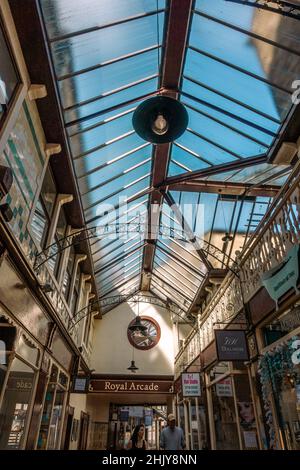 Restored Keighley Royal Arcade shopping centre and underground hidden Edwardian shops showing covered glass walkway, West Yorkshire, England, UK Stock Photo