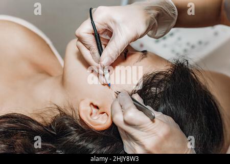 Female cosmetologist performs the procedure of permanent removal of unwanted facial hair by electroepilation. Stock Photo