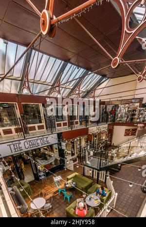 Composite image of restored Keighley Royal Arcade shopping centre and underground hidden Edwardian shops, West Yorkshire, England, UK Stock Photo