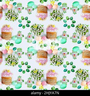 Seamless pattern with glazed Easter cakes, colorful eggs, toy chickens and bouquets on a light square background Stock Photo