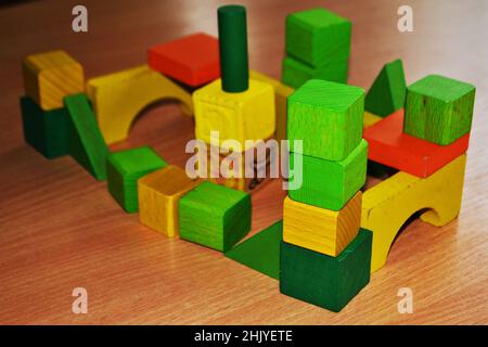 Wooden cubes with different pictures, letters, numbers for school construction games Stock Photo