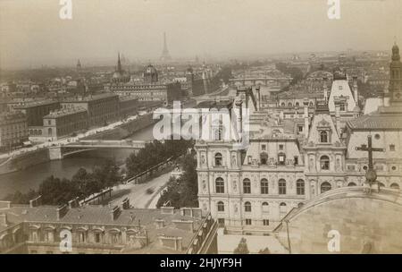 Antique circa 1890 photograph of the seven bridges on the River Seine, taken from Saint-Gervais-Saint-Protais in Paris, France. SOURCE: ORIGINAL ALBUMEN PHOTOGRAPH Stock Photo