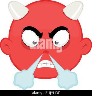 Vector illustration of the face of a cartoon devil with an angry expression and fuming Stock Vector