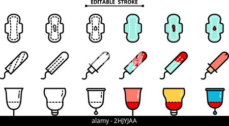 Feminine hygiene products color icons set. Editable stroke. Classic products sanitary pads and tampon, menstrual cup. Linear style vector illustration Stock Vector