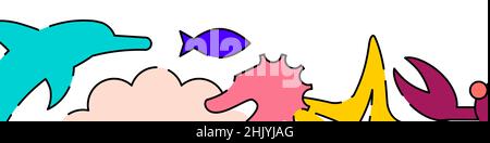 Underwater world related horizontal banner or bottom border template background. Flat filled line vector illustration isolated on white. Stock Vector