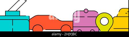 City transport related horizontal banner or bottom border template background. Flat filled line vector illustration isolated on white. Stock Vector