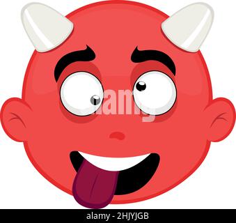 Vector illustration of the face of a cartoon devil with a crazy expression, with crossed eyes and tongue out Stock Vector