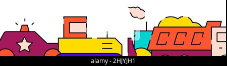 Special transport related horizontal banner or bottom border template background. Flat filled line vector illustration isolated on white. Stock Vector