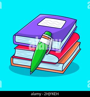 Stack of book and pencil with hand drawn doodle illustration Stock Vector