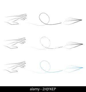 Set of vector illustrations of hand throwing paper plane icons. Outline simple paper airplane isolated on white background. Icon symbol of travel and Stock Vector