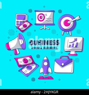 Business element set with colored hand drawn doodle style Stock Vector