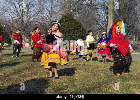 Ecuadorian Americans dance & play music while fiming a video. In Queens, New York City. Stock Photo