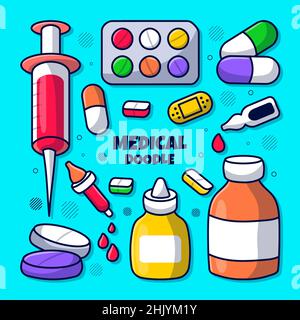 Medical Element set with colored hand drawn doodle illustration Stock Vector