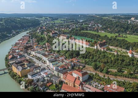 Aerial view to Burghausen and his famous castle Stock Photo