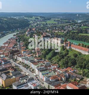 Aerial view to Burghausen and his famous castle Stock Photo