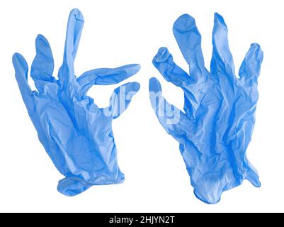 Blue surgical gloves isolated on white background. No hands. Stock Photo