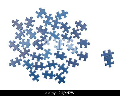 Blue jigsaw puzzle pieces isolated on white background. Business or love problem concept or metaphor. Stock Photo