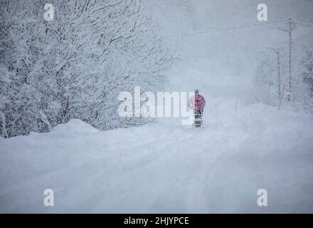 Person walking in deep snow while snowing Stock Photo