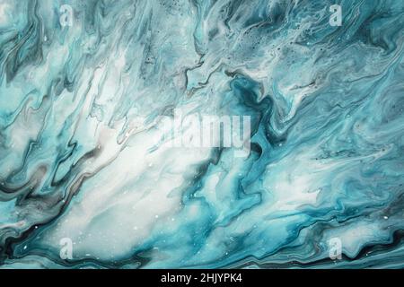 Fluid Art. Liquid transparent white and blue abstract paint drips and wave. Marble effect background or texture. Stock Photo