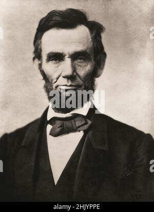 Abraham Lincoln, 1809 - 1865.  16th President of the United States.  After a portrait by Alexander Gardner.  This famous photograph is known as the Gettysburg Portrait because it was taken just two weeks before the president's Gettysburg address. Stock Photo
