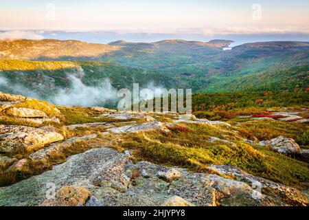 fog in rising from the forest below as seen from the top of Cadillac Mountain in Acadia National Park Stock Photo