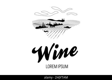 Vineyard wine grape hill farm logotype concept. Alcohol label romantic rural landscape in sunny day with villa, vineyard fields, plantation hills, farms, meadows and trees. Vector eps monochrome logo Stock Vector