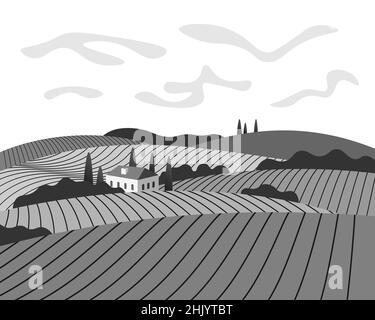 Vineyard wine grapes hills farm banner concept. Romantic rural vines plantation rows landscape with villa, fields, meadows and trees. Vector eps black and white growing grapevine illustration Stock Vector