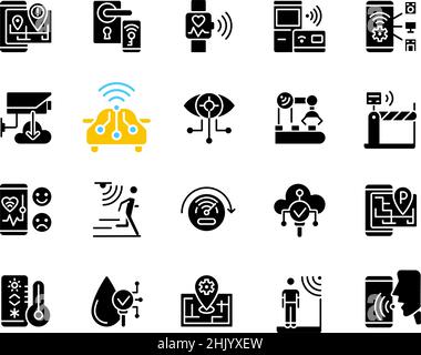 IoT black glyph icons set on white space Stock Vector